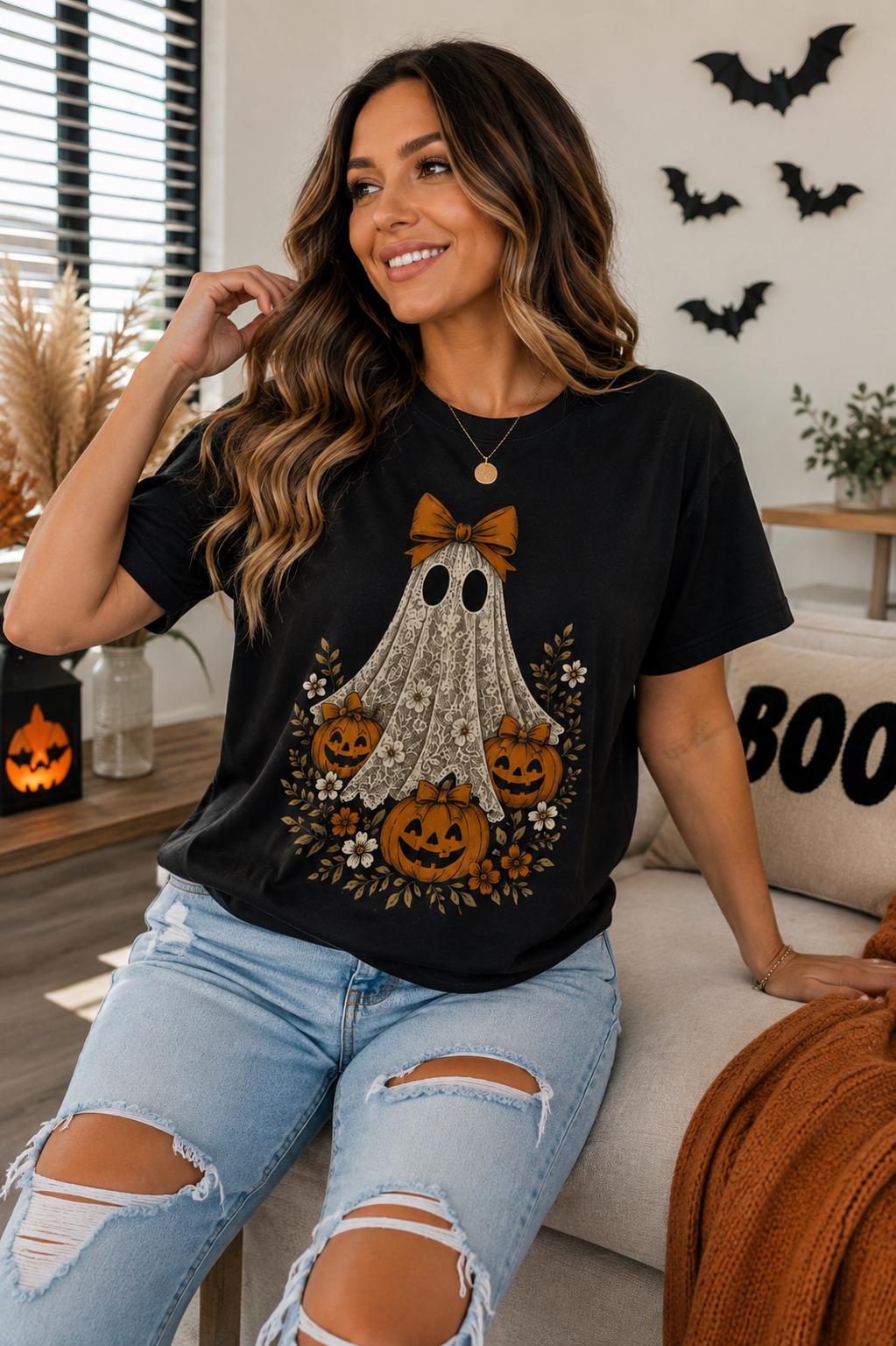 Cute Lace Ghost Halloween Shirt, Pumpkin Graphic Tee, Coquette Halloween T-Shirt, Vintage Fall Shirt, Spooky Season Tee, Women’s Halloween T