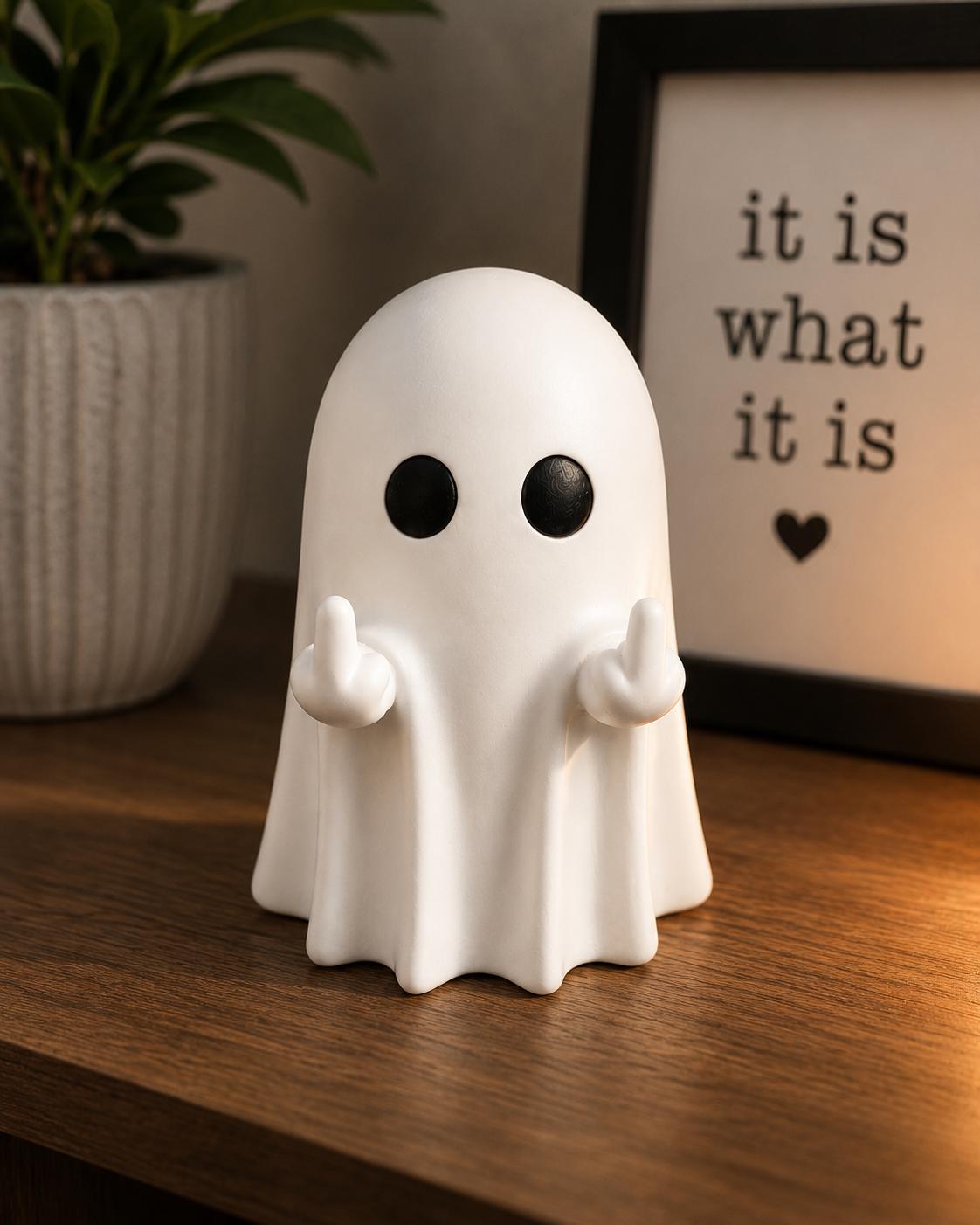 Funny Middle Finger Ghost Figurine  | Rude Ghost Halloween Decor | Funny Desk & Shelf Decor | Spooky Gift
