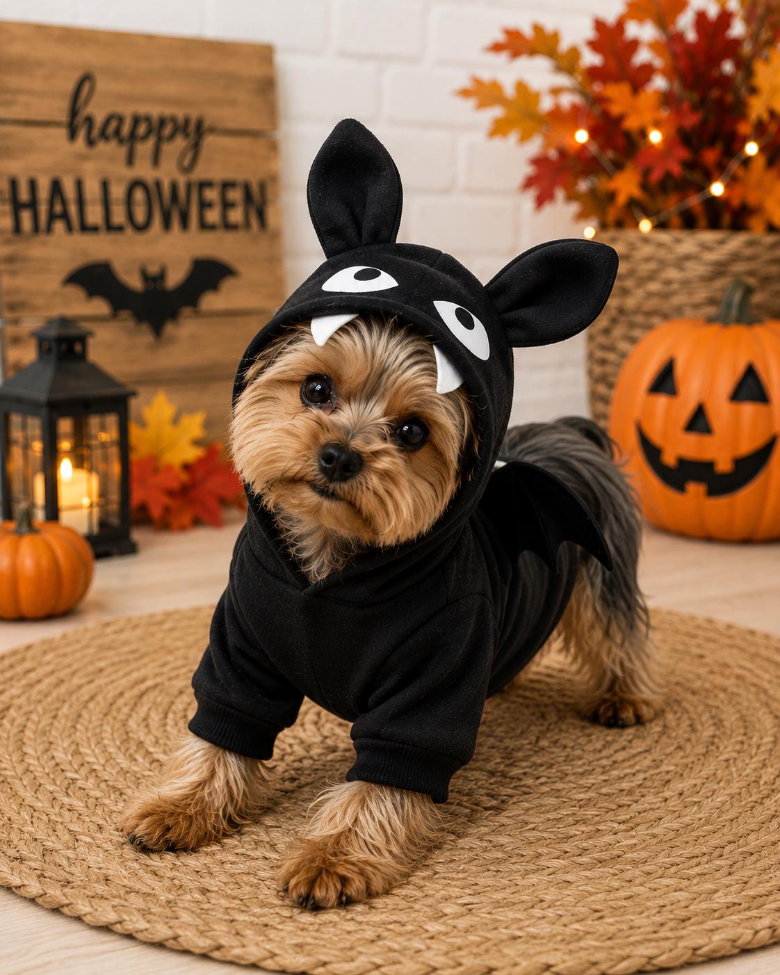 Bat Dog Costume, Halloween Dog Costume, Black Bat Hoodie with Wings, Cute Pet Halloween Outfit, Yorkie Poodle Small Dog Costume