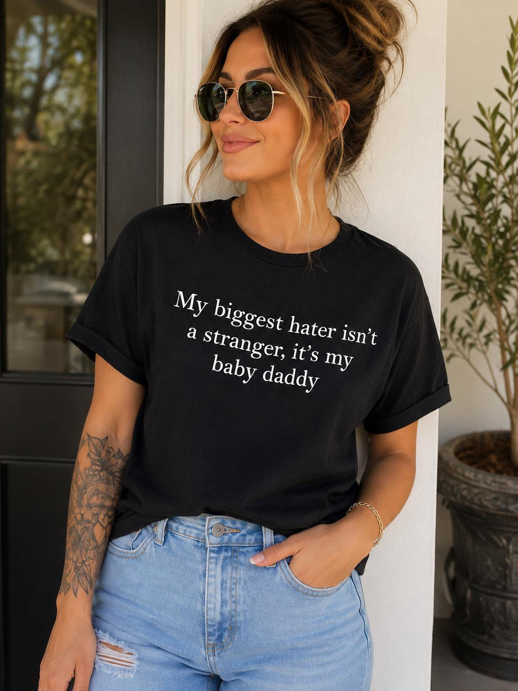 Funny Baby Daddy Shirt | My Biggest Hater Isn’t a Stranger It’s My Baby Daddy Tee | Sarcastic Mom Shirt | Funny Women’s T-Shirt