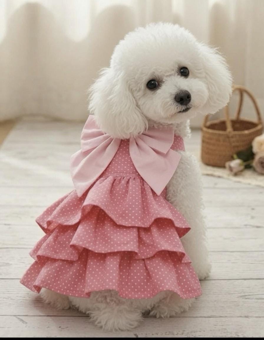 Pink Polka Dot Dog Dress with Big Bow – Ruffle Tutu Pet Outfit for Small Dogs, Puppy Party Dress, Cute Girl Dog