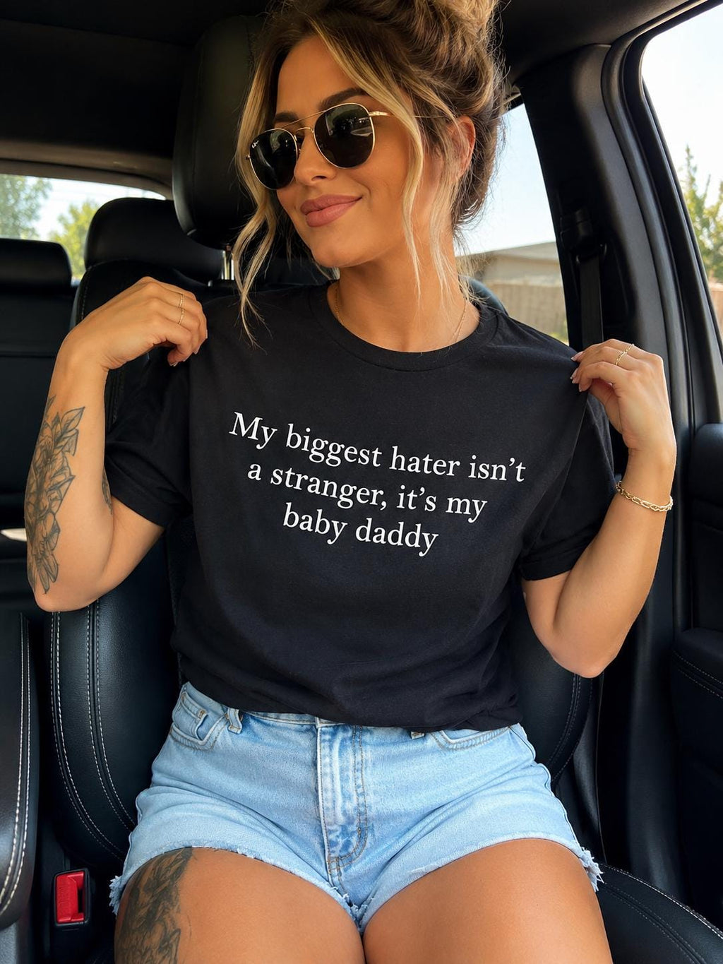 Funny Baby Daddy Shirt | My Biggest Hater Isn’t a Stranger It’s My Baby Daddy Tee | Sarcastic Mom Shirt | Funny Women’s T-Shirt