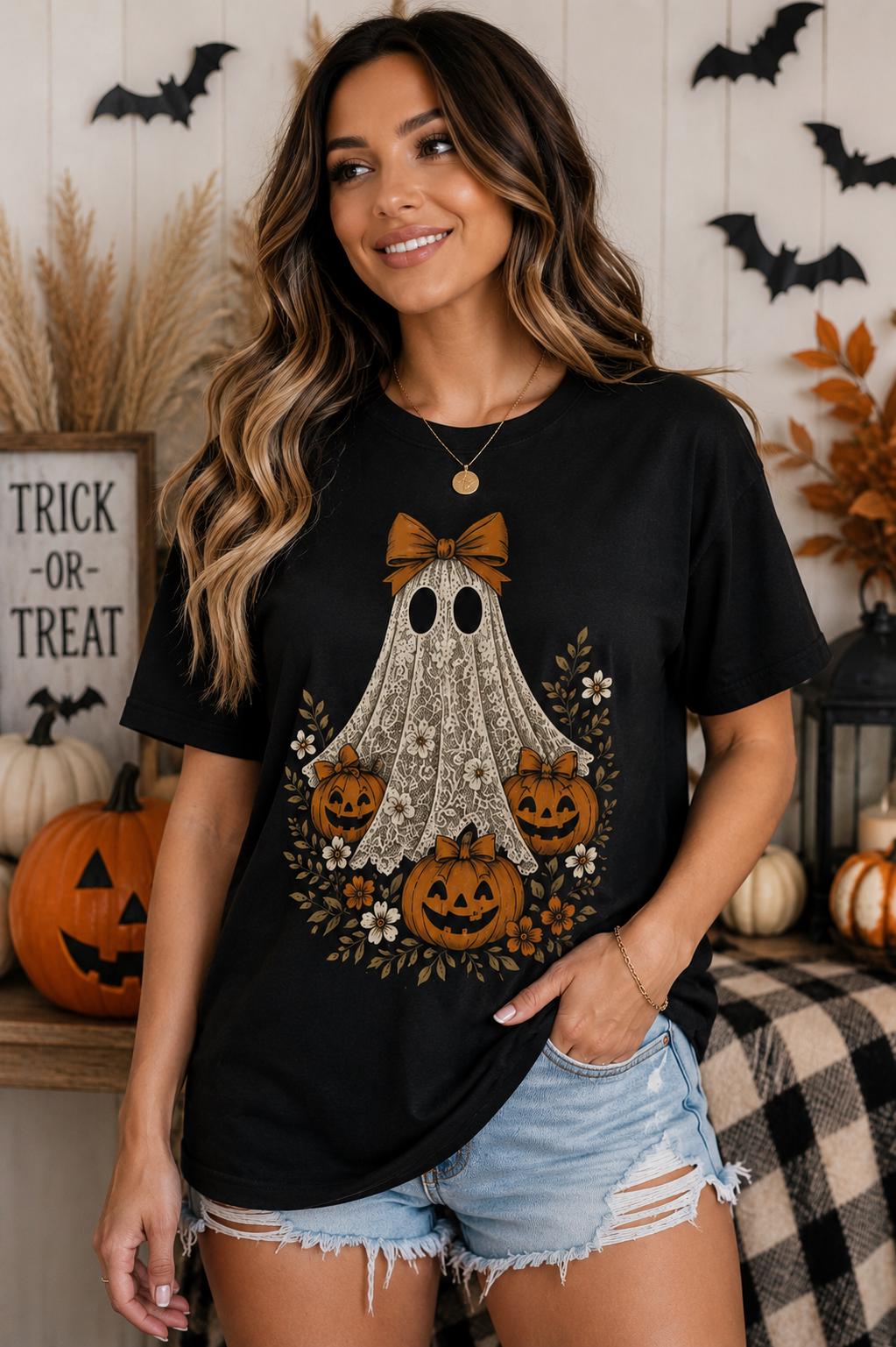 Cute Lace Ghost Halloween Shirt, Pumpkin Graphic Tee, Coquette Halloween T-Shirt, Vintage Fall Shirt, Spooky Season Tee, Women’s Halloween T