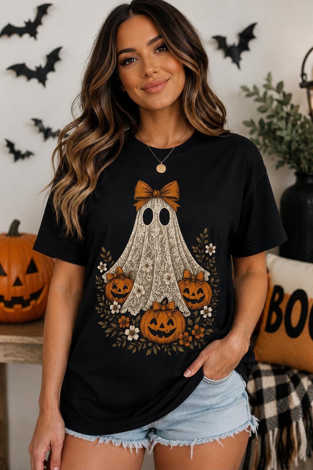 Cute Lace Ghost Halloween Shirt, Pumpkin Graphic Tee, Coquette Halloween T-Shirt, Vintage Fall Shirt, Spooky Season Tee, Women’s Halloween T
