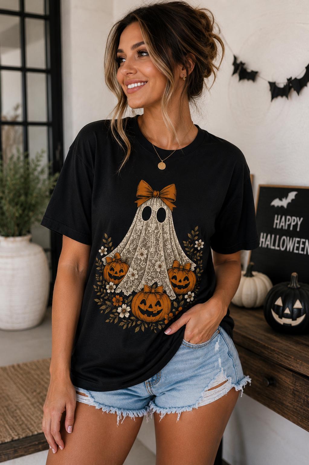 Cute Lace Ghost Halloween Shirt, Pumpkin Graphic Tee, Coquette Halloween T-Shirt, Vintage Fall Shirt, Spooky Season Tee, Women’s Halloween T