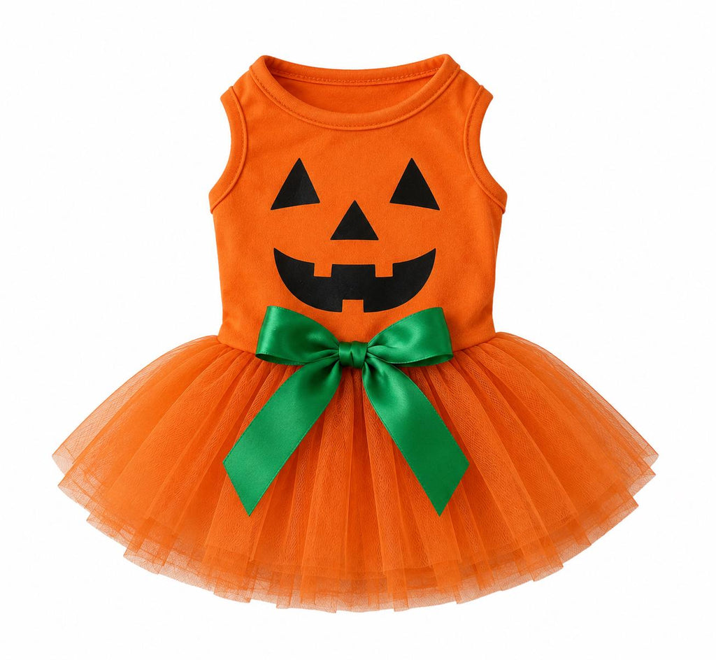 Pumpkin Dog Dress, Halloween Dog Costume, Orange Tutu Pet Dress with Green Bow, Jack O Lantern Costume, Small Dog Halloween Outfit