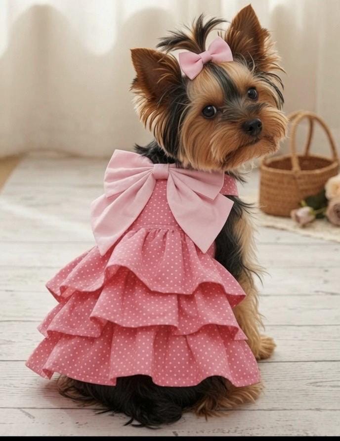 Pink Polka Dot Dog Dress with Big Bow – Ruffle Tutu Pet Outfit for Small Dogs, Puppy Party Dress, Cute Girl Dog