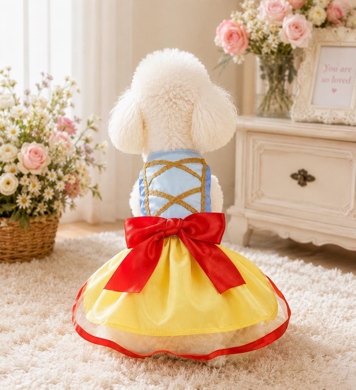 Enchanting Snow White-Inspired Dog Dress – Fairytale Princess Outfit for Small Dogs