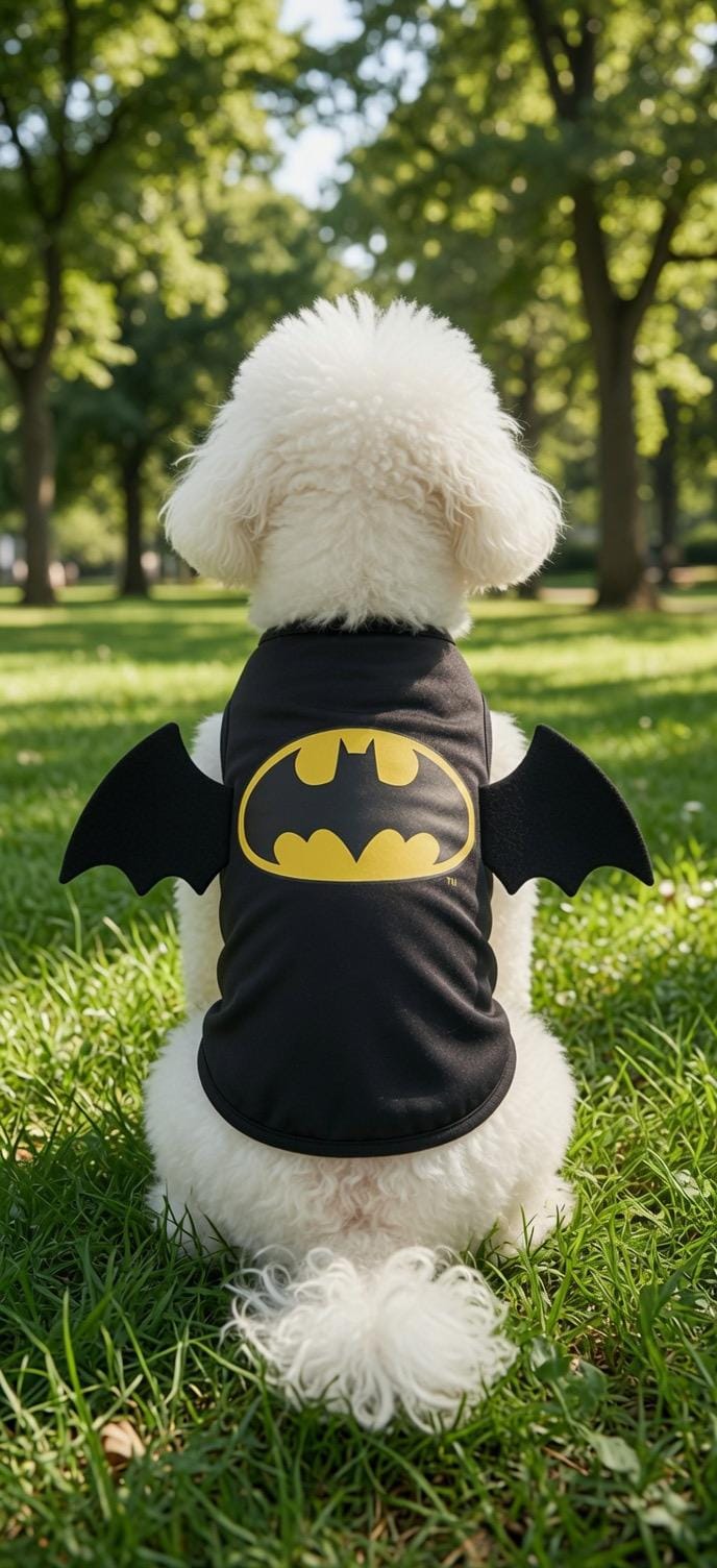 Bat-Ready Pup: Cute Batman-Themed Costume with Wings