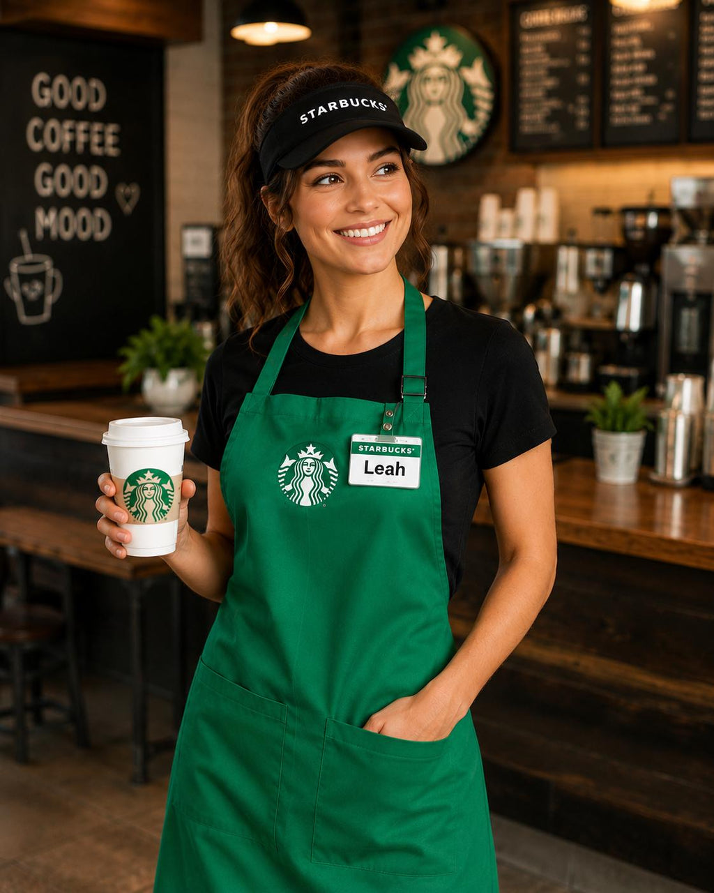 Starbcuks Barista Costume Set, Apron with Cap or Visor & Name Badge, Coffee Shop Halloween Costume, Adult Barista Costume