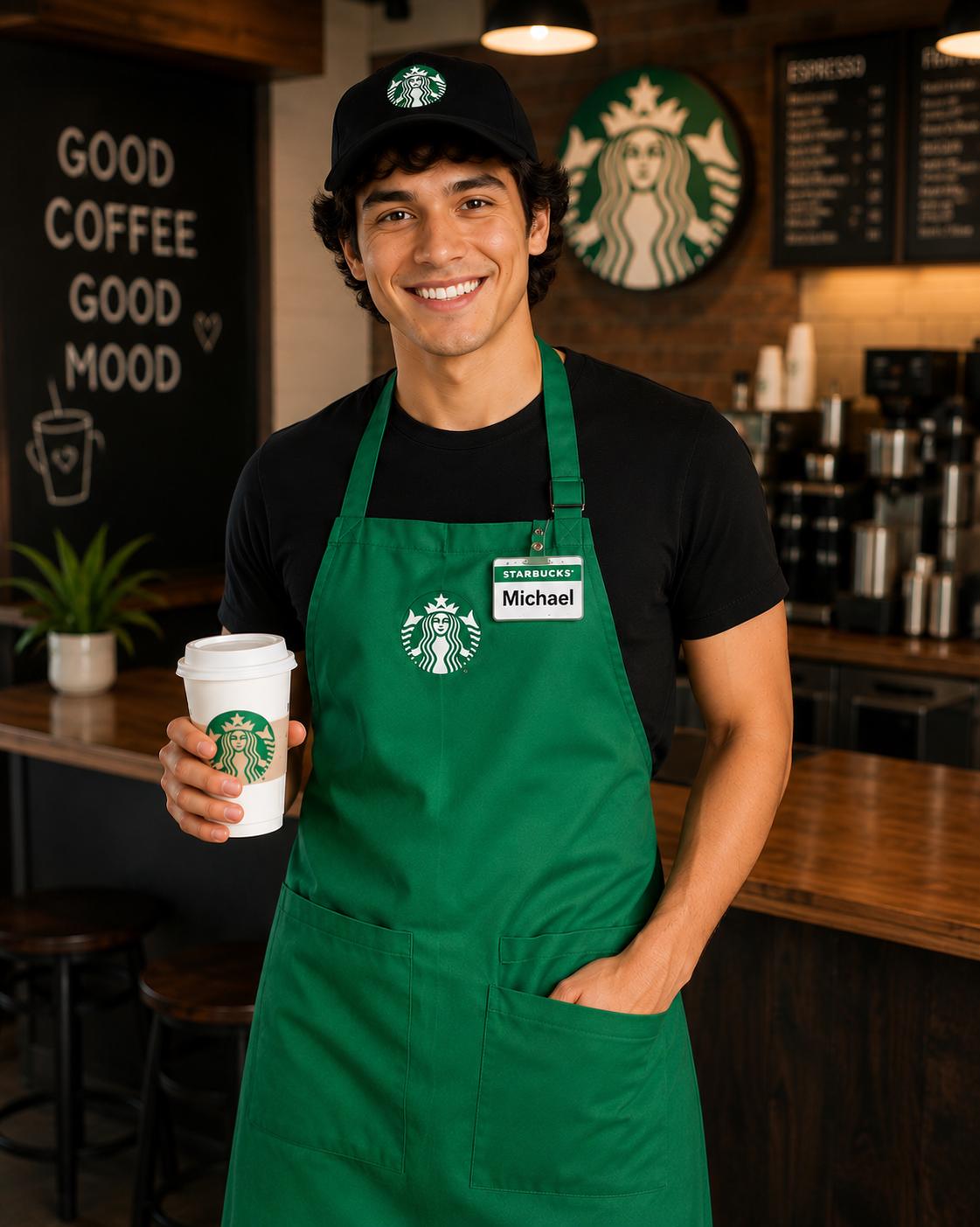 Starbcuks Barista Costume Set, Apron with Cap or Visor & Name Badge, Coffee Shop Halloween Costume, Adult Barista Costume