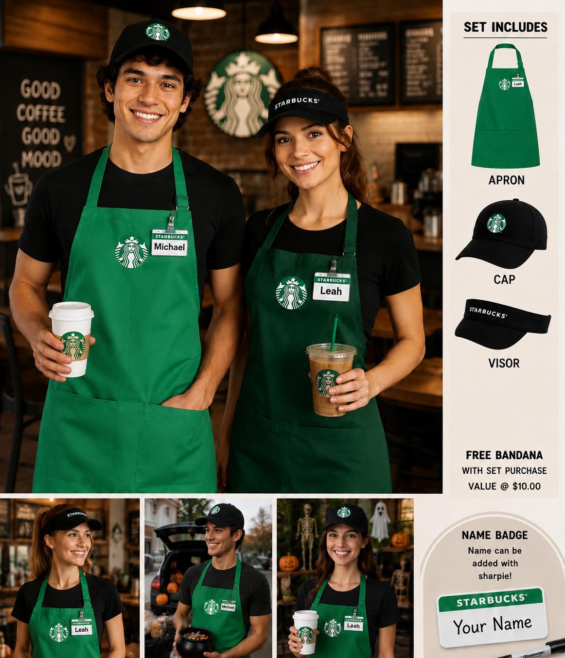 Starbcuks Barista Costume Set, Apron with Cap or Visor & Name Badge, Coffee Shop Halloween Costume, Adult Barista Costume