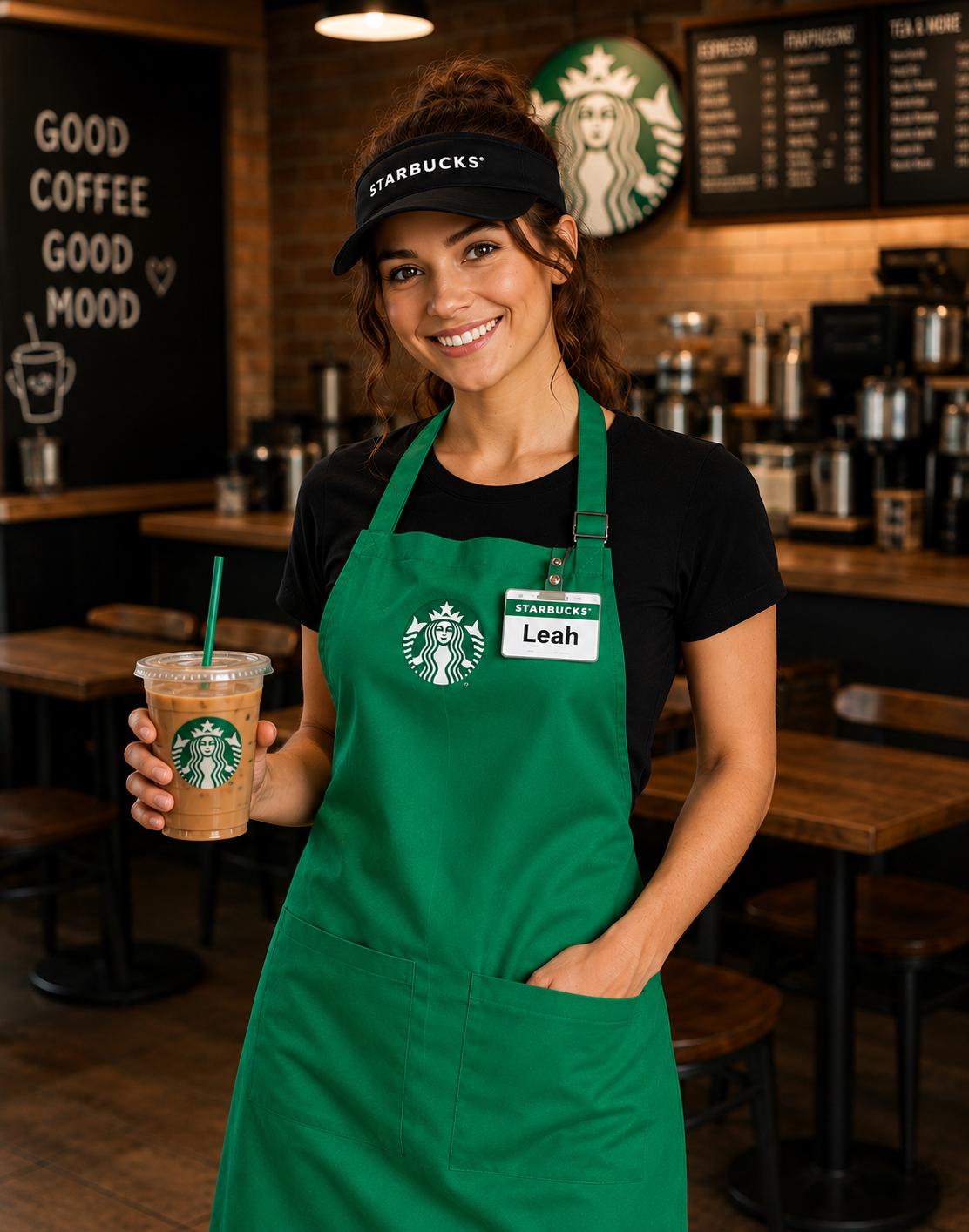 Starbcuks Barista Costume Set, Apron with Cap or Visor & Name Badge, Coffee Shop Halloween Costume, Adult Barista Costume