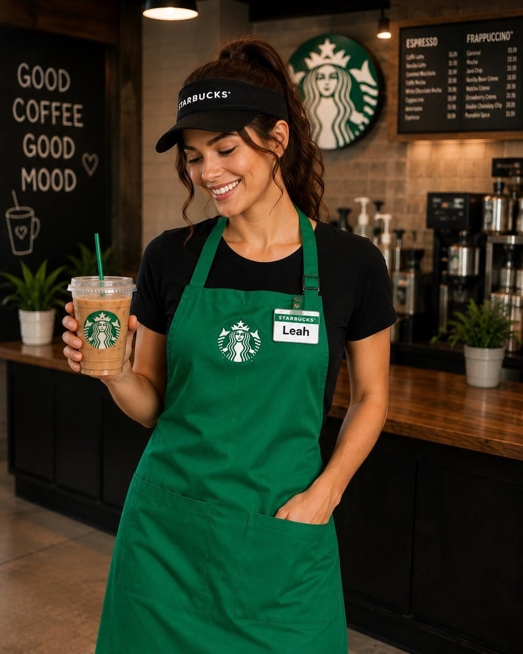 Starbcuks Barista Costume Set, Apron with Cap or Visor & Name Badge, Coffee Shop Halloween Costume, Adult Barista Costume